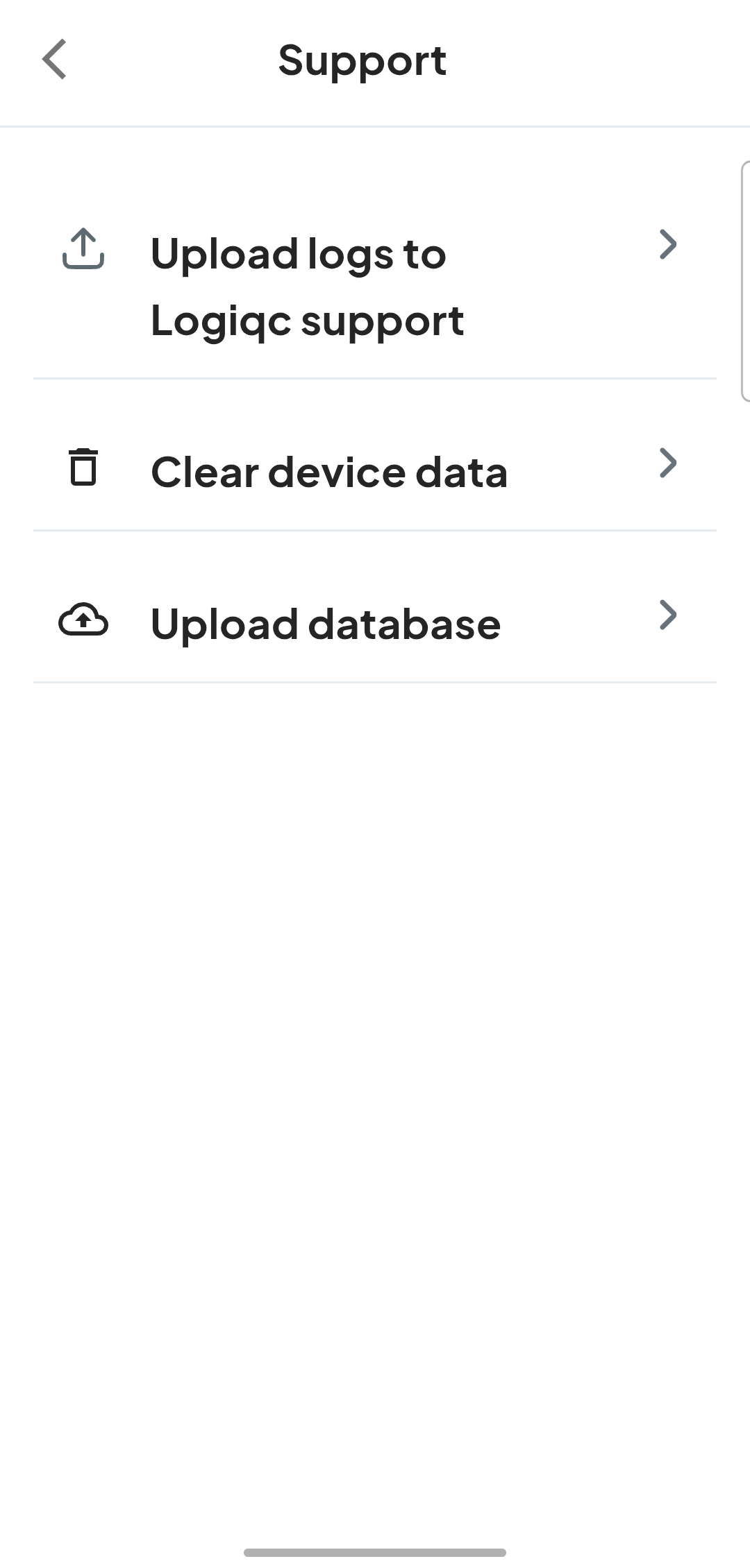 Support submenu showing Upload logs, Clear device data, and Upload database
