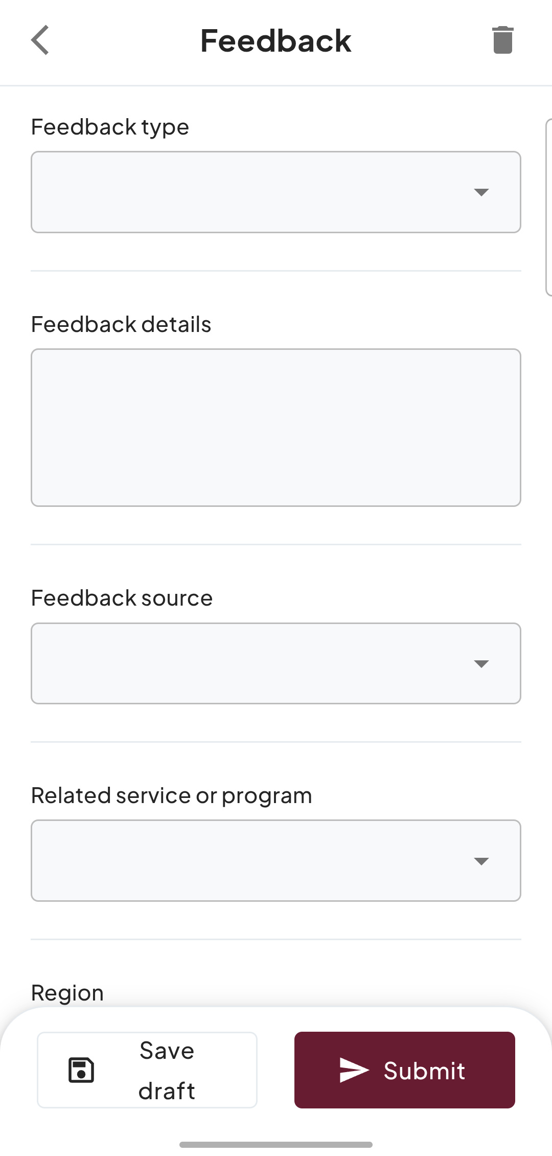 Feedback page showing Feedback type, details, source, and other fields