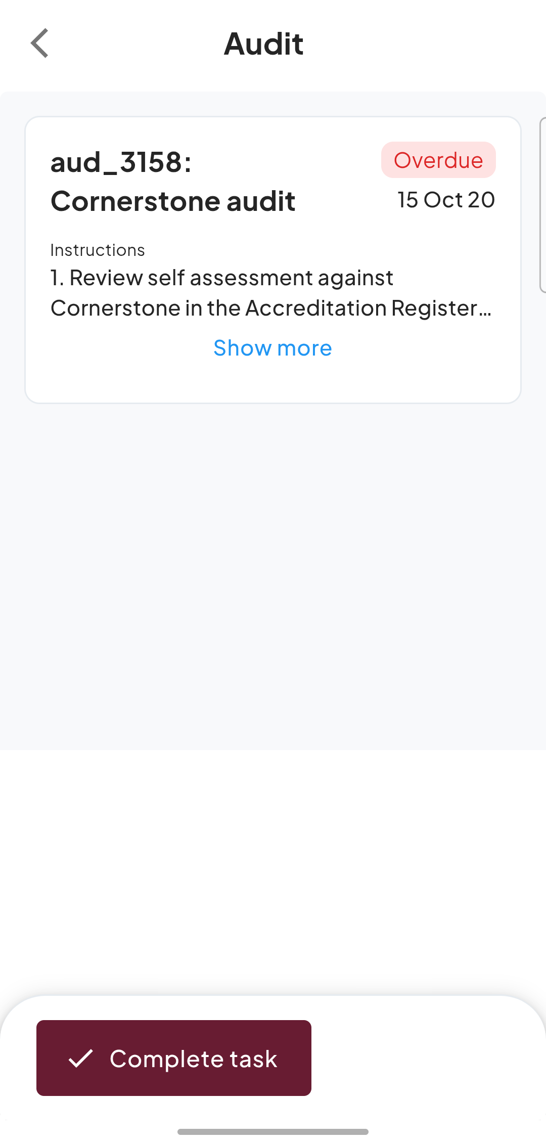 Audit task detail page showing instructions and the Complete task button