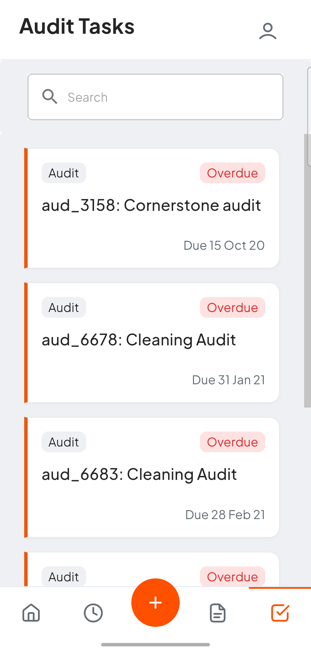 Audit Tasks tab showing a list of assigned audit tasks