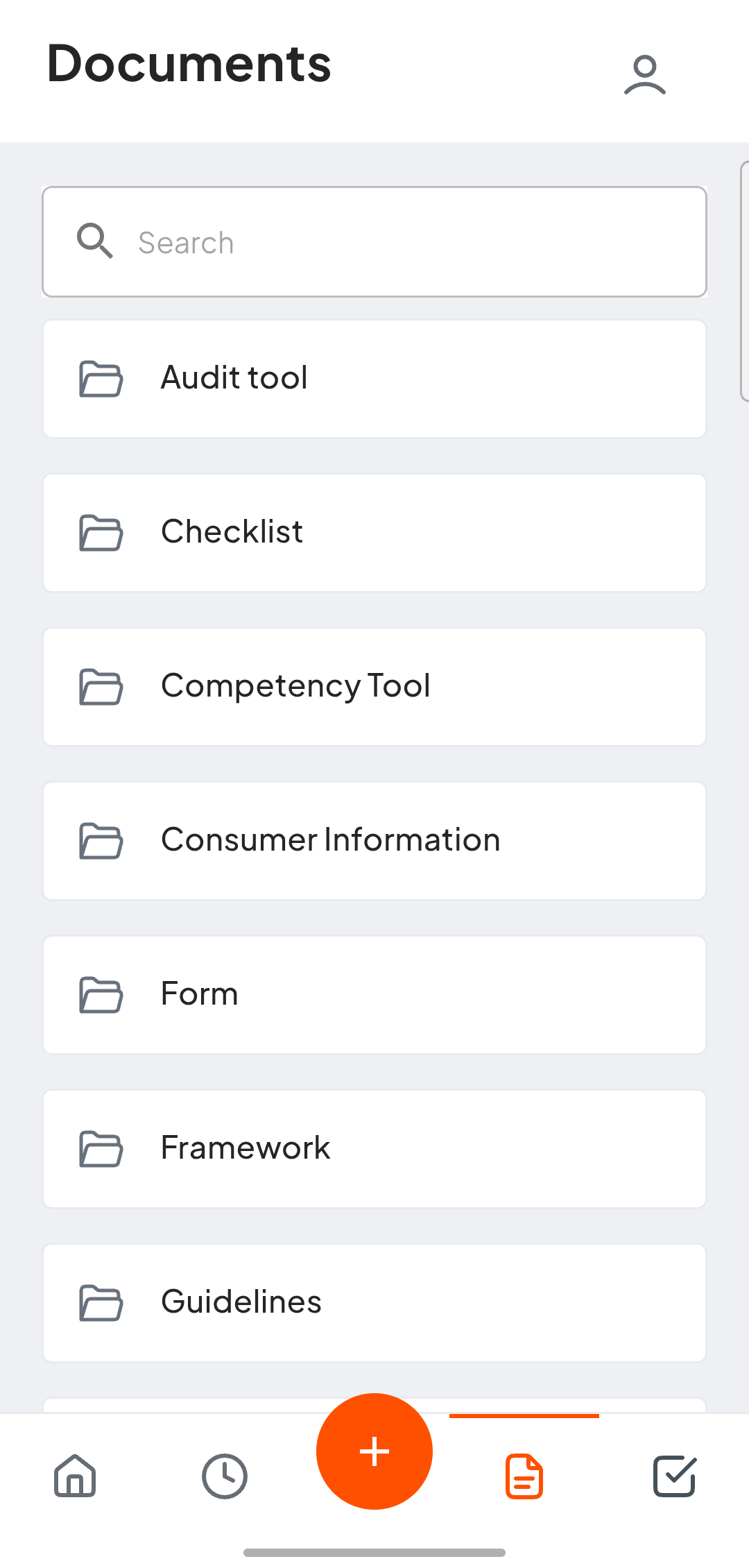 Documents tab showing folders from the Documents register