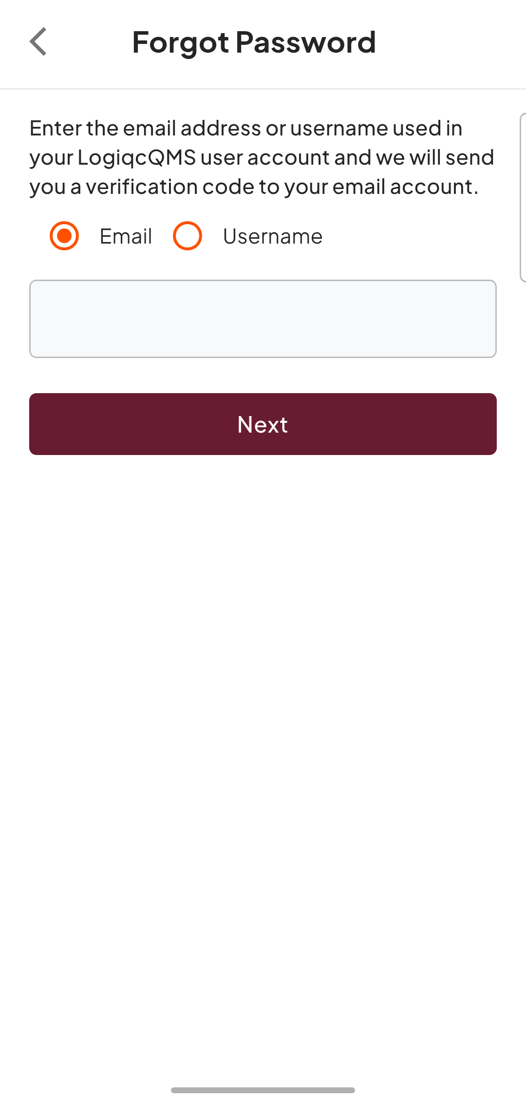 Forgot Password page with Email and Username options