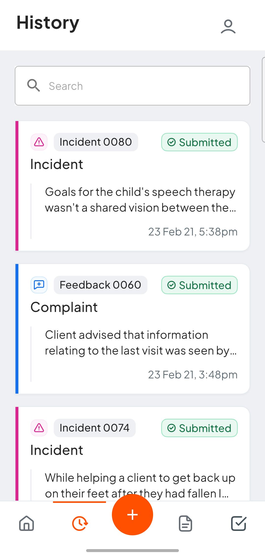 History tab showing a list of previously submitted items