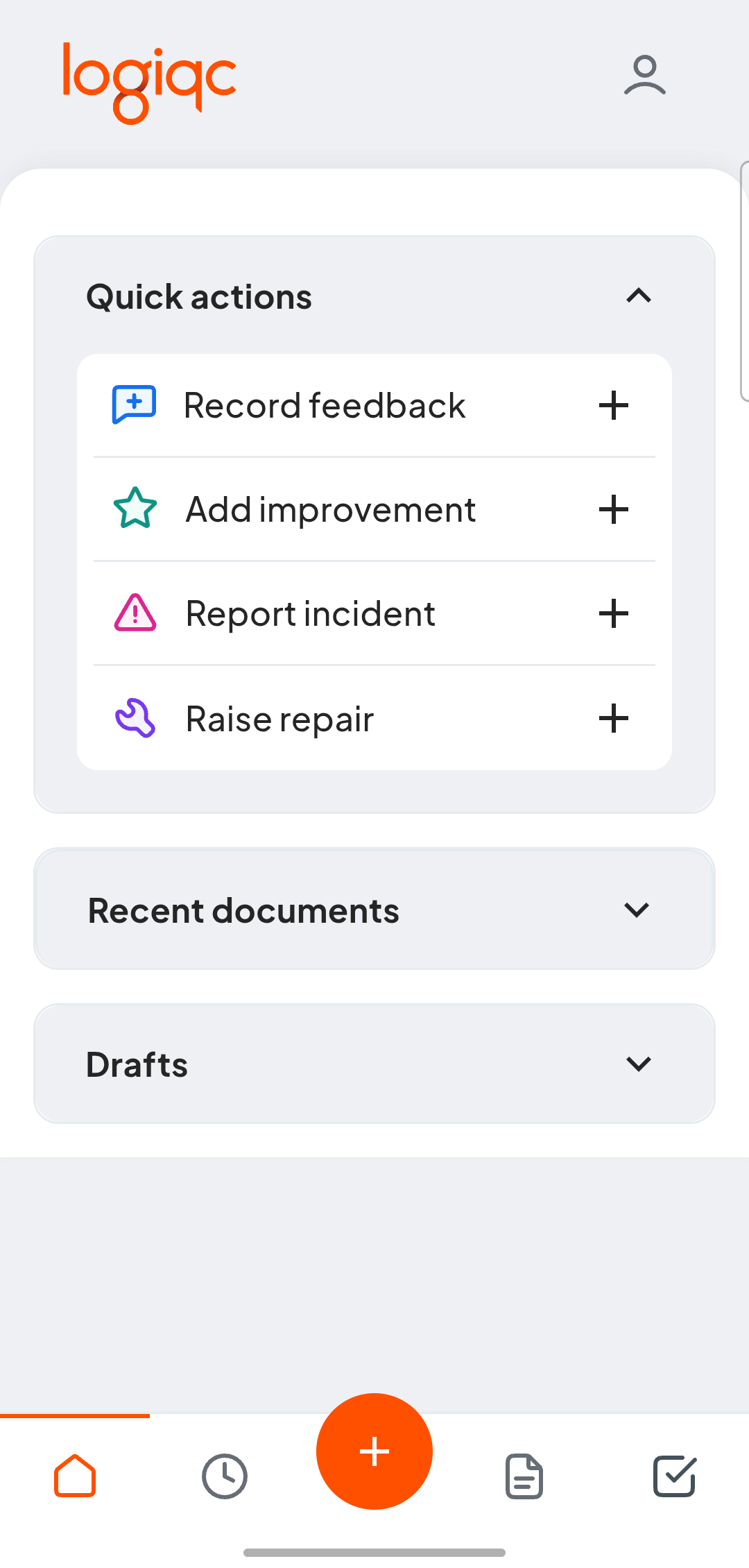 Home tab showing Quick actions, Recent documents, and Drafts