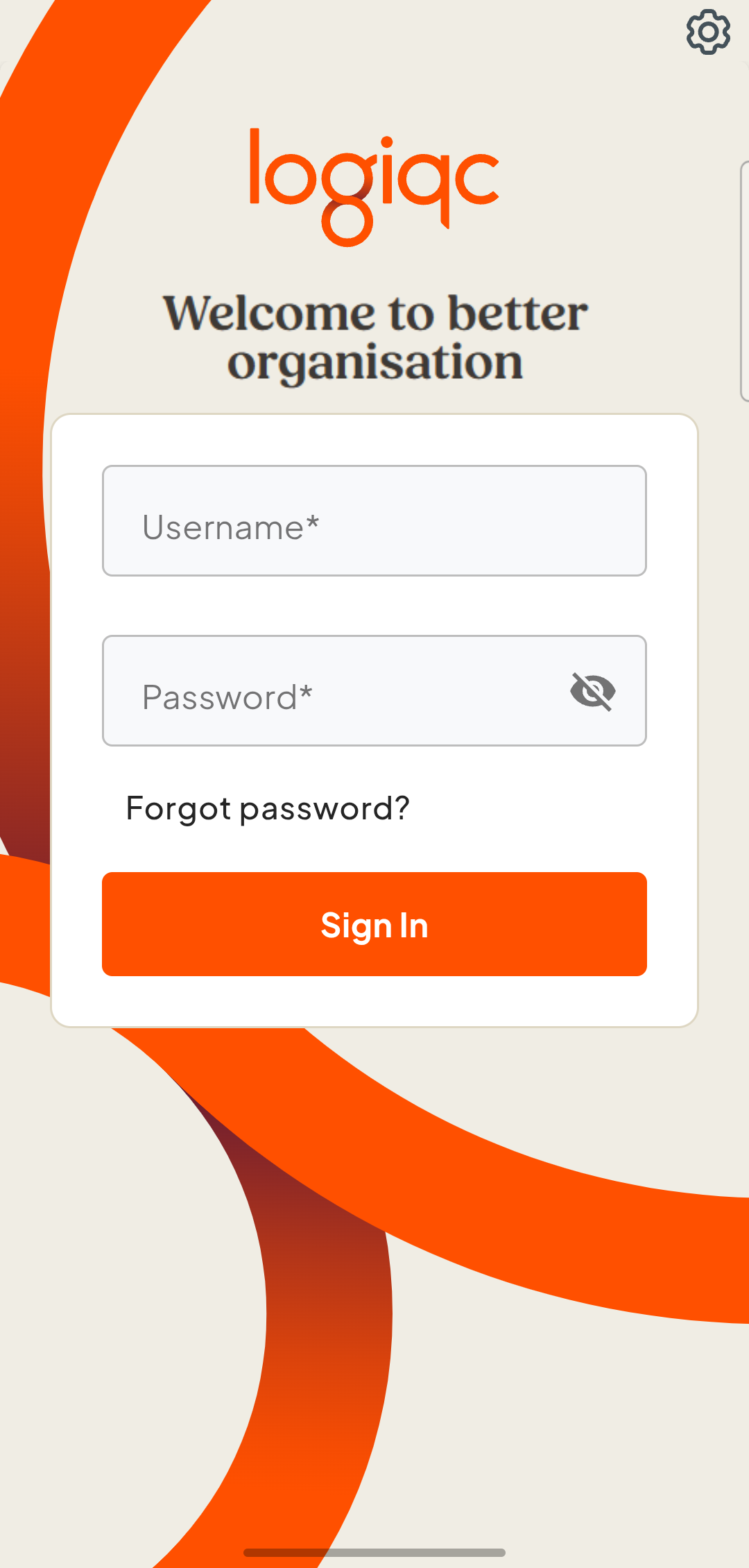 Logiqc mobile login screen with Username and Password fields