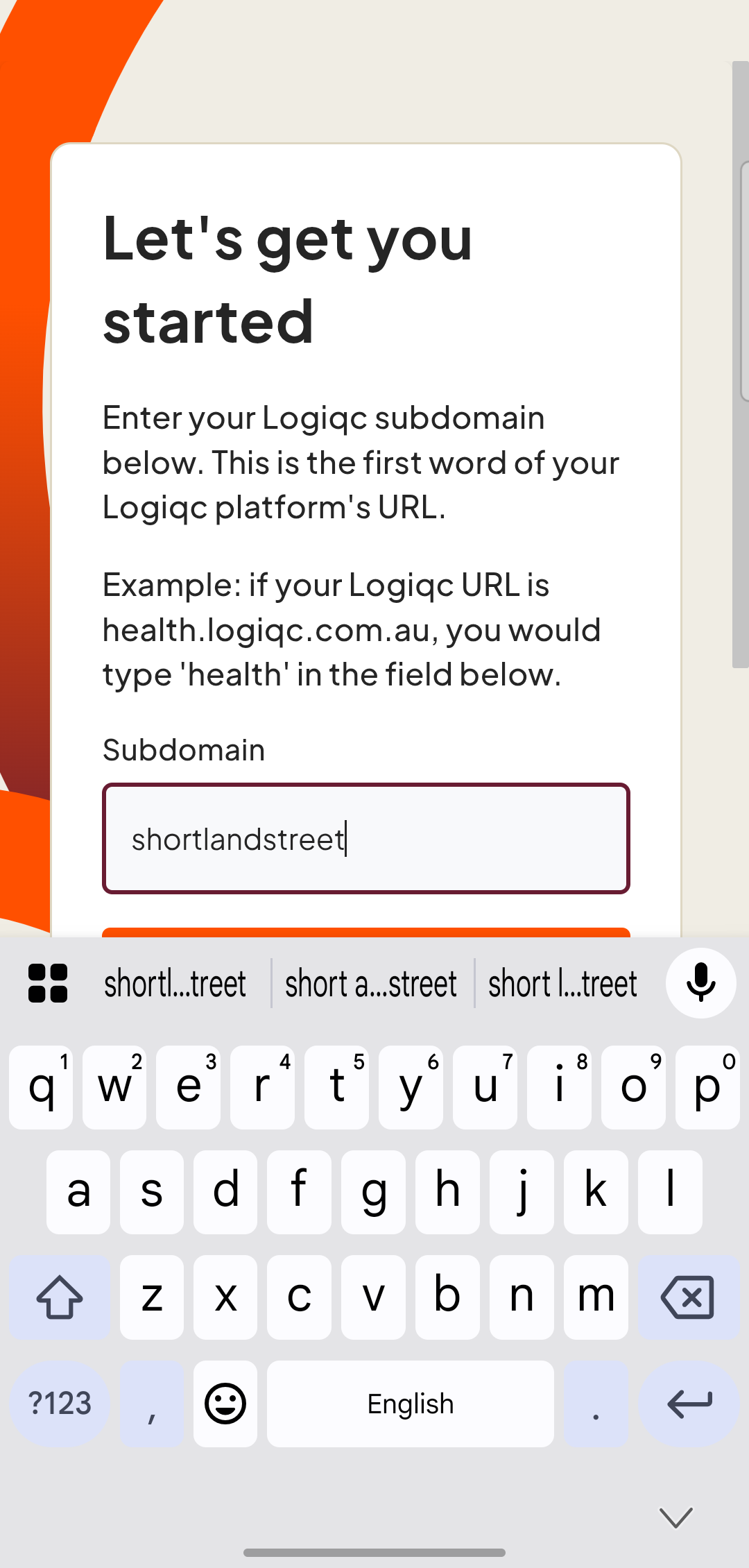Subdomain entry screen with an example subdomain typed in