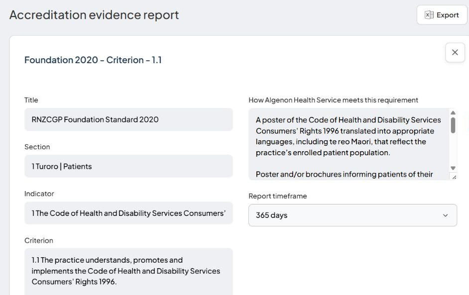 Accreditation evidence report showing the Report timeframe field and Export button