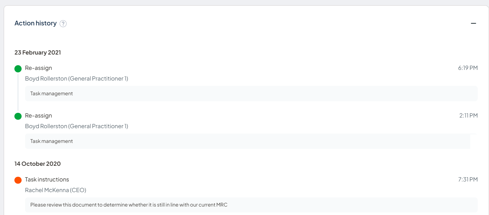 Action history section showing the actions taken at each stage of the workflow