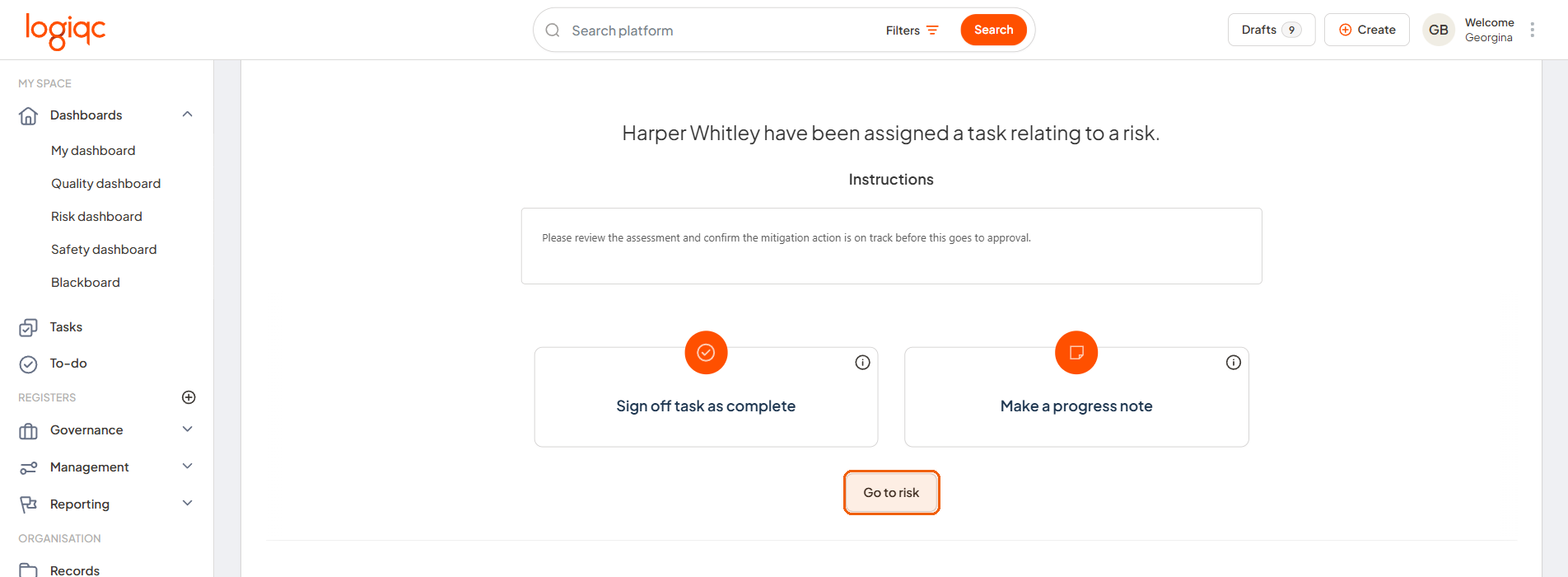 Review stage Task management section showing the Go to risk button