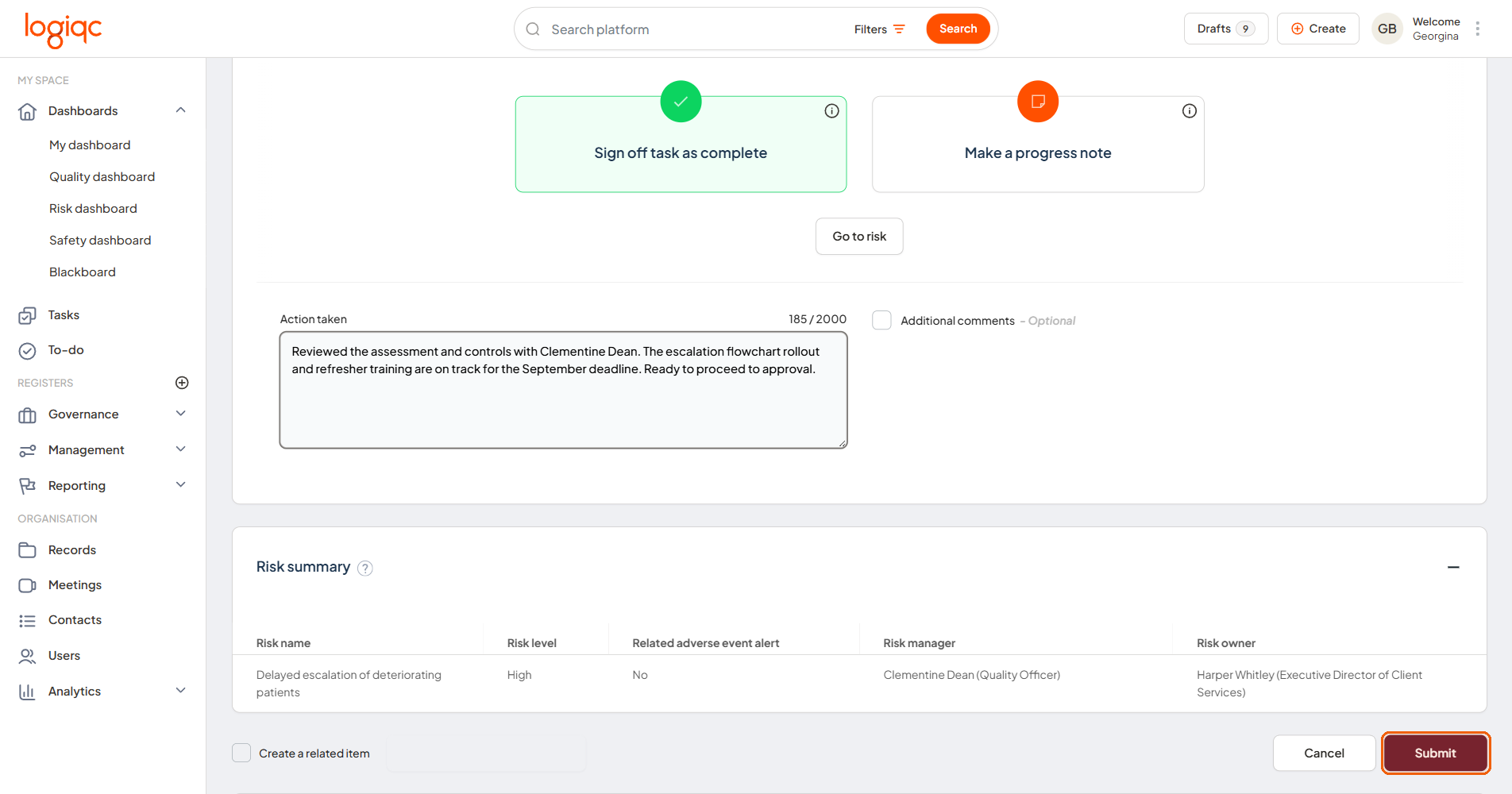 Review task fields with the optional Create a related item checkbox and Submit button