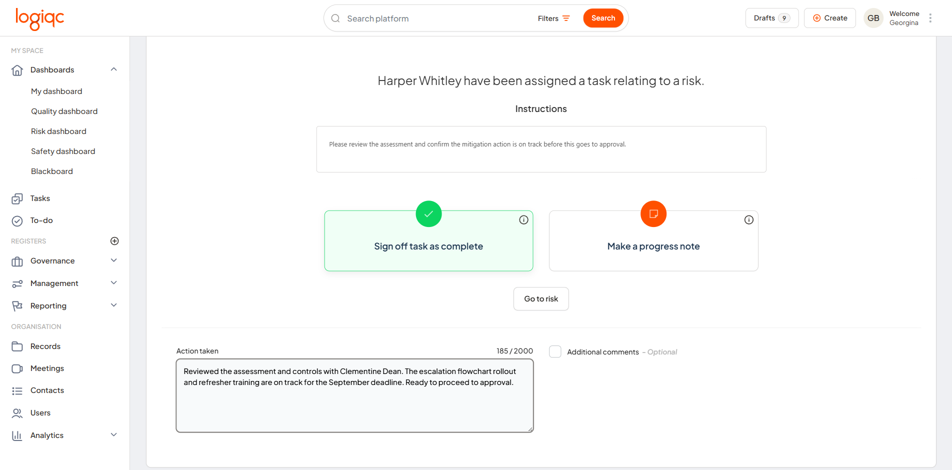 Task management showing the available Review risk task options