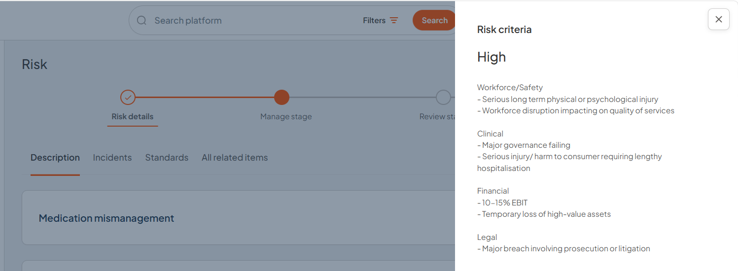 Risk criteria panel showing the example High assessment criteria beside a risk detail page