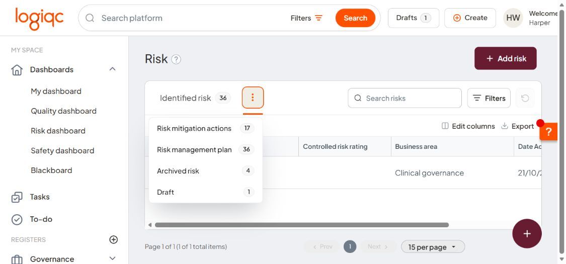 Risk register showing the Draft tab under More tabs and the saved draft list
