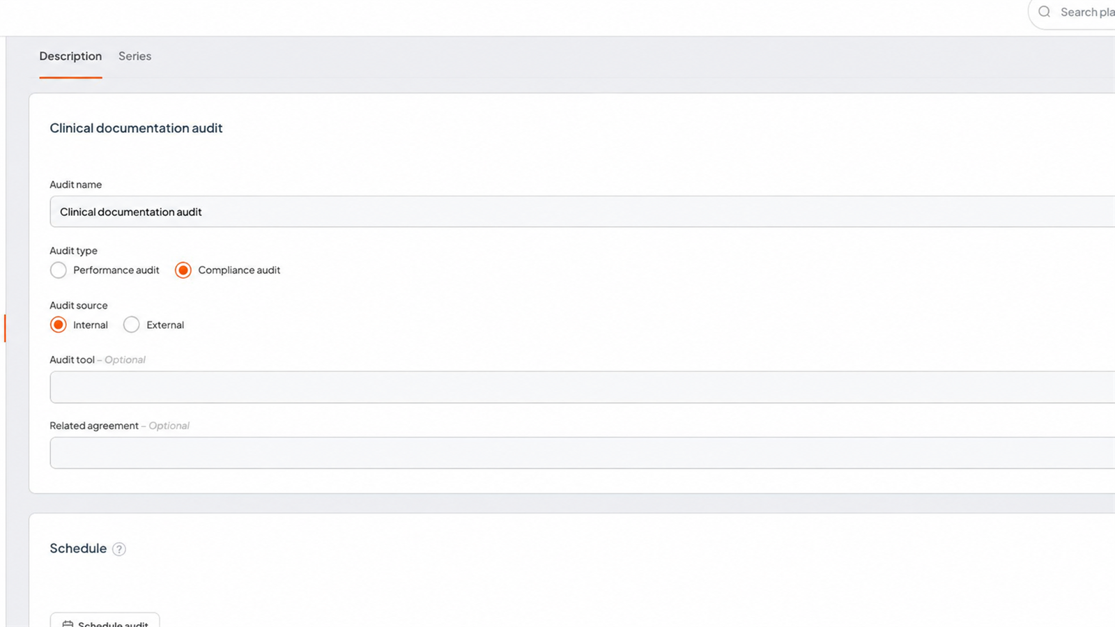 Standard Audit details page showing the audit name, type, source, optional audit tool, related agreement and instructions