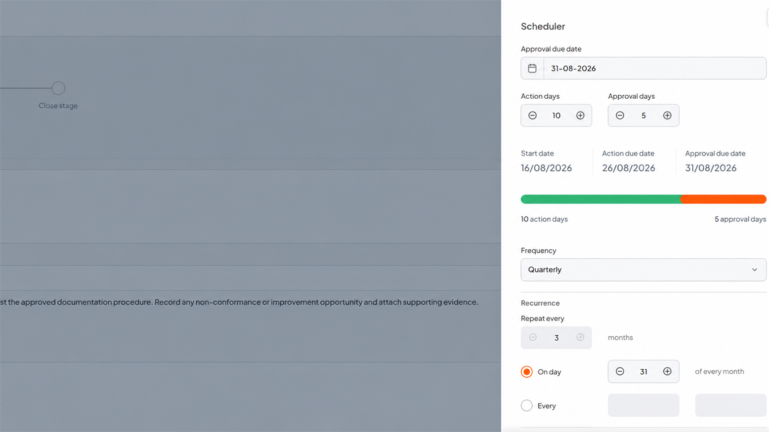 Audit Scheduler panel with approval due date, action days, approval days and frequency