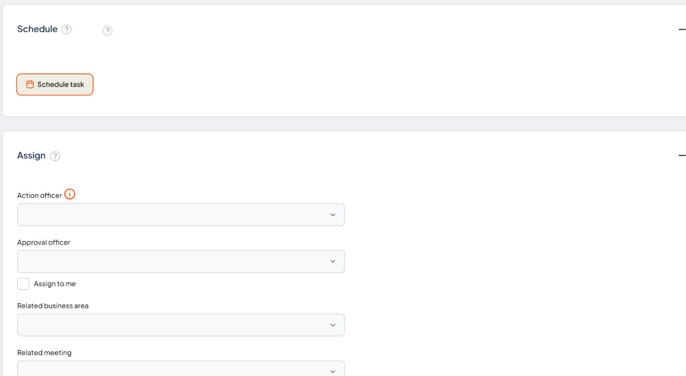Compliance Schedule and Assign sections showing Action officer, Approval officer and related fields