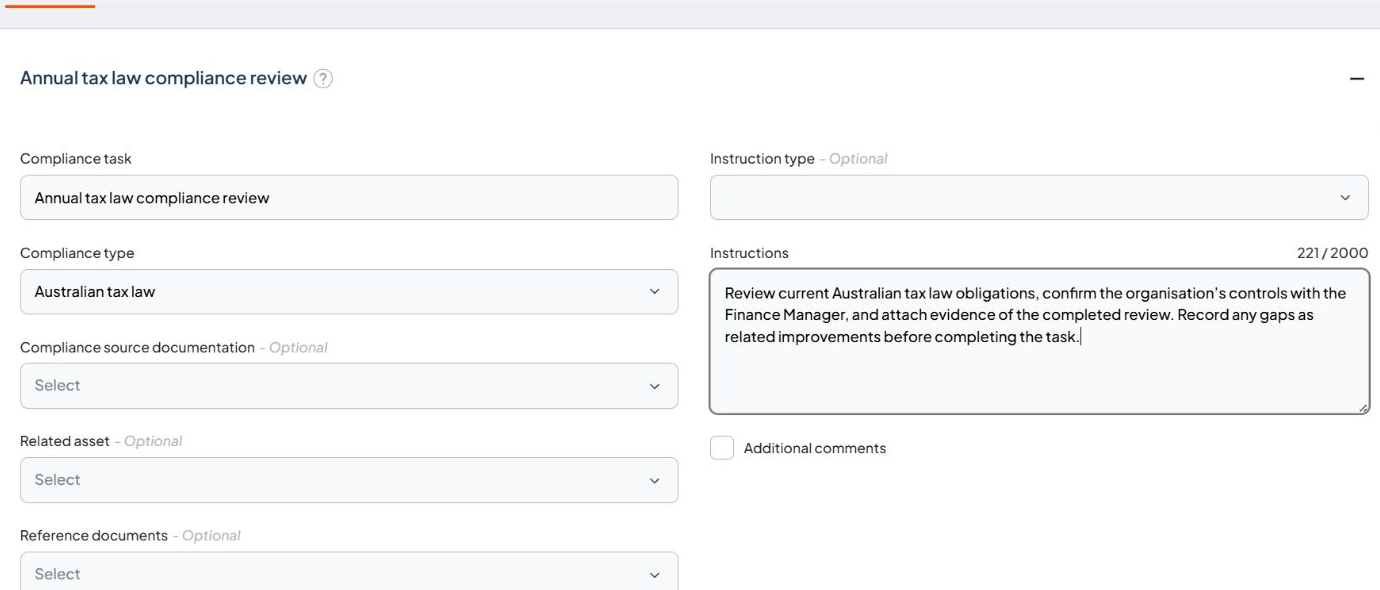 Compliance details showing a task name, compliance type and instructions
