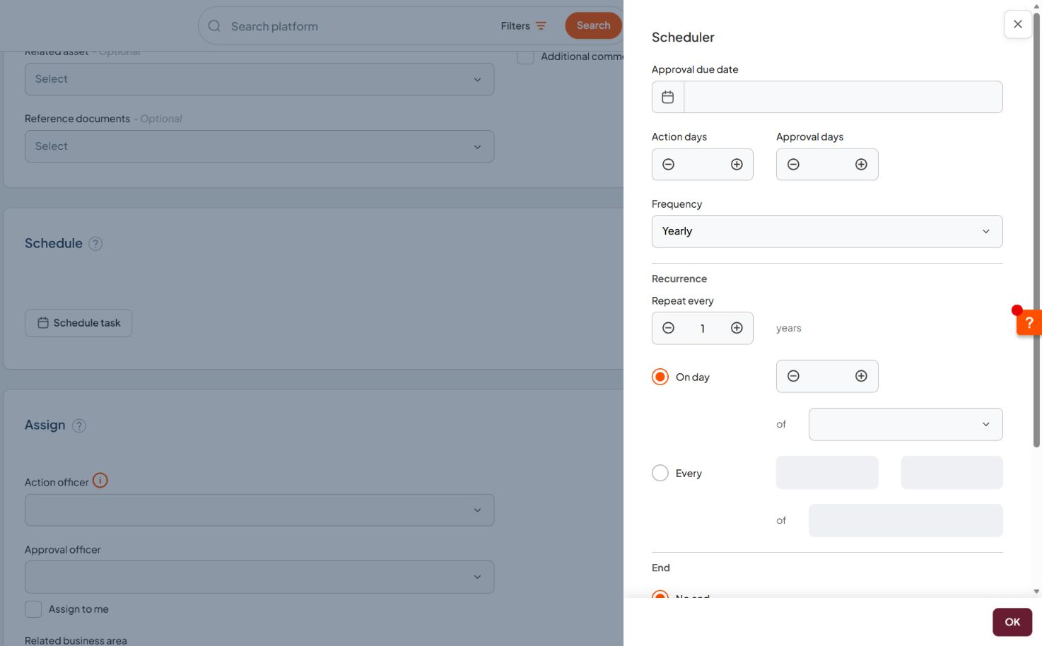 Compliance Scheduler open over the dimmed compliance task, showing yearly recurrence and schedule end controls