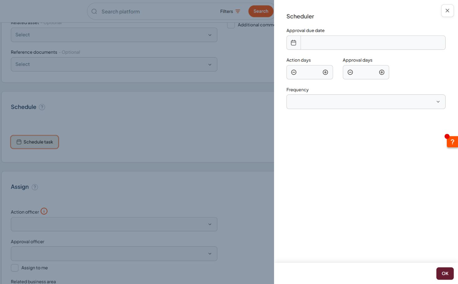 Compliance Scheduler open over the dimmed compliance task, with approval due date, action days, approval days and frequency