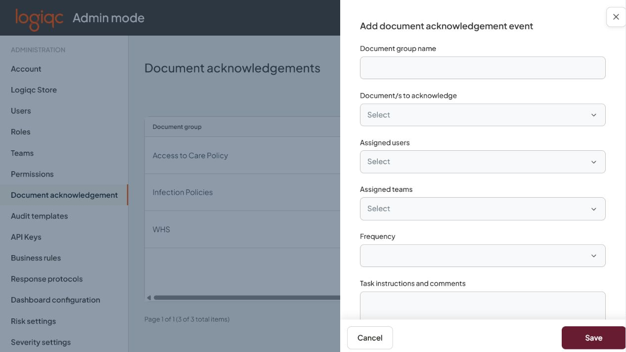 Add document acknowledgement event panel showing documents, users, teams, frequency, instructions and schedule