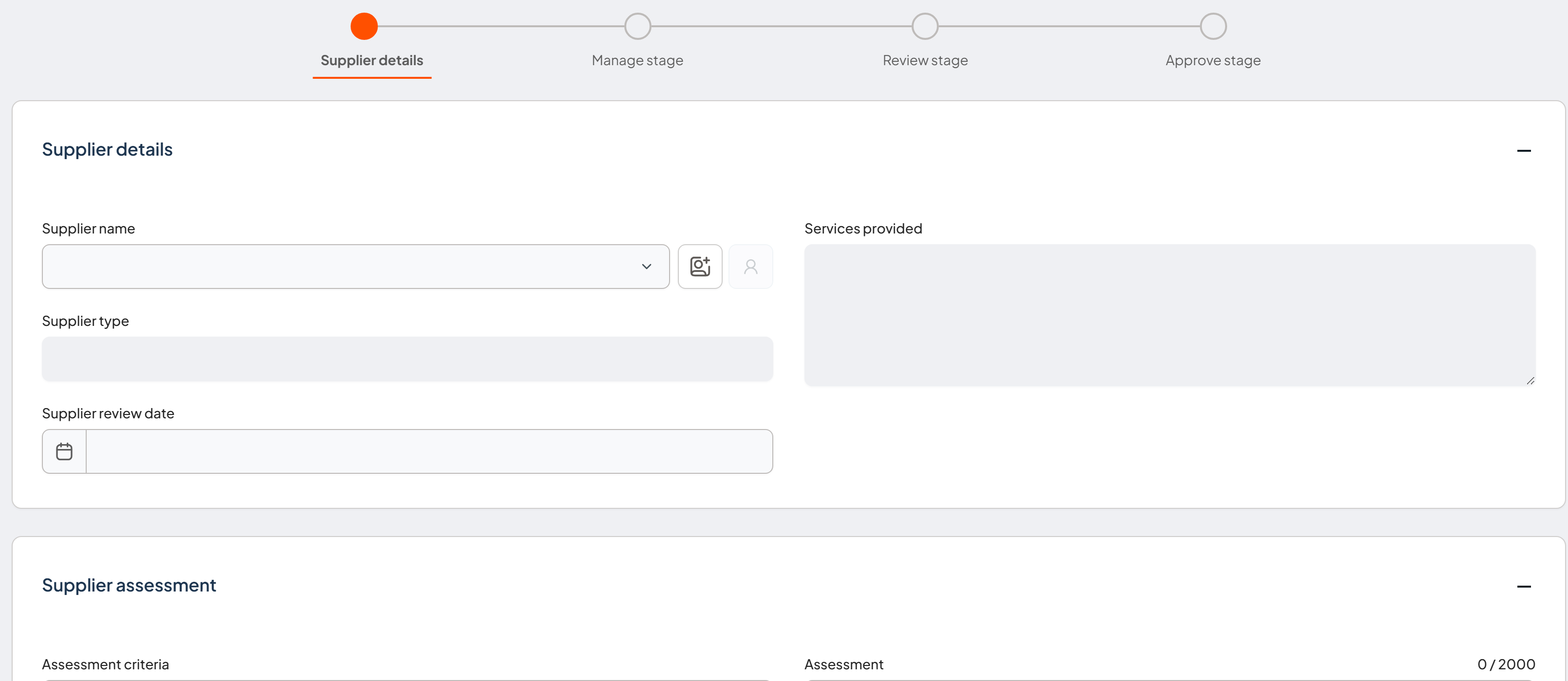 Add supplier page showing Supplier details, Supplier assessment and Supplier performance notes