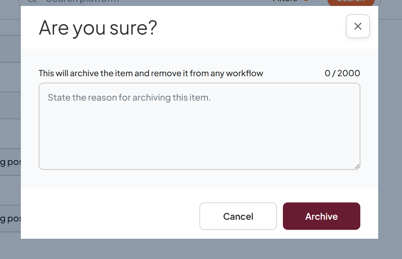 Archive supplier confirmation dialog showing the reason field and Archive button
