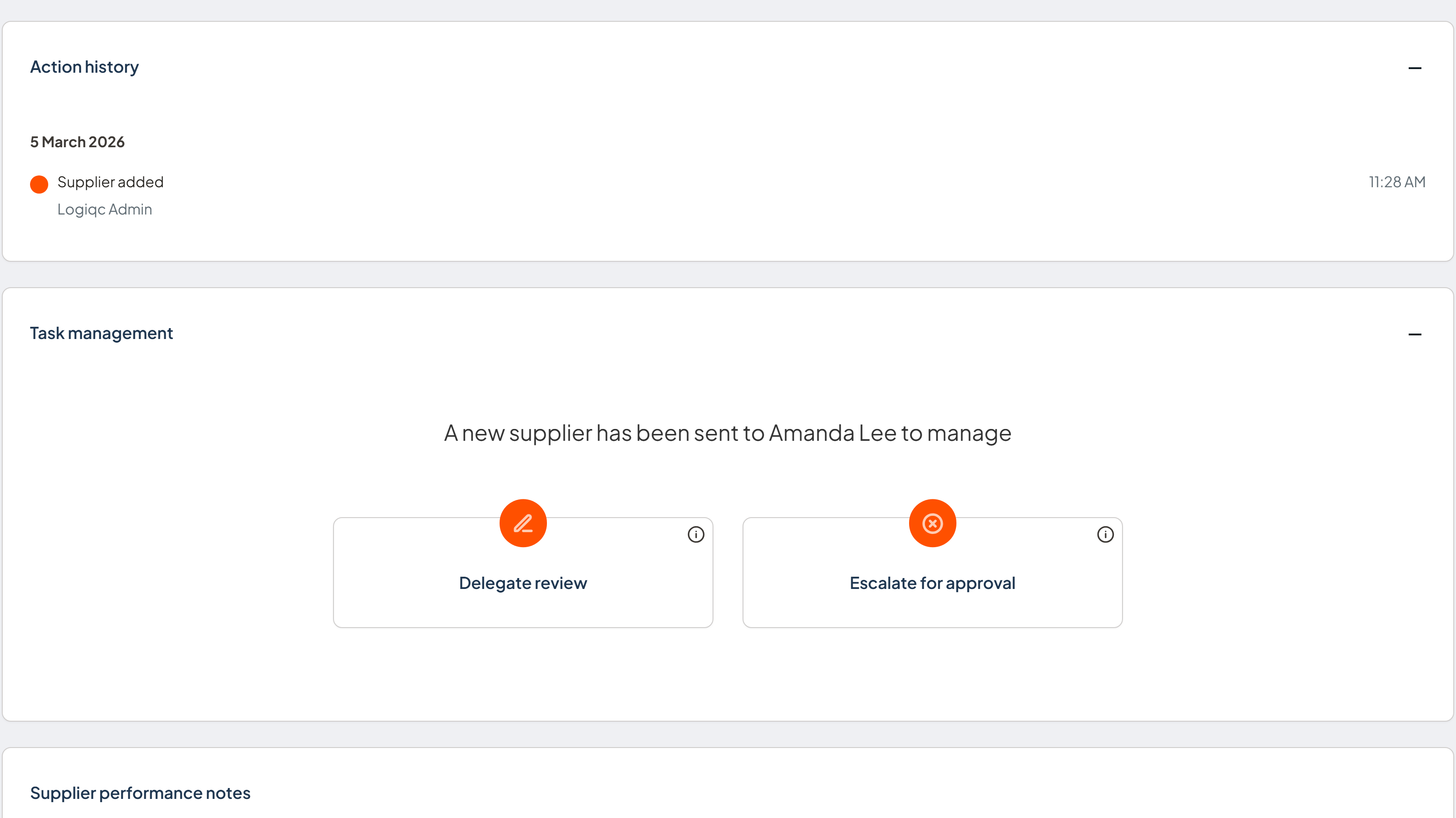 Manage supplier task showing Action history and Task management options