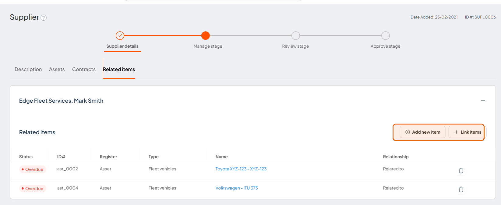 Supplier record showing the Related items tab with Add new item and Link items buttons