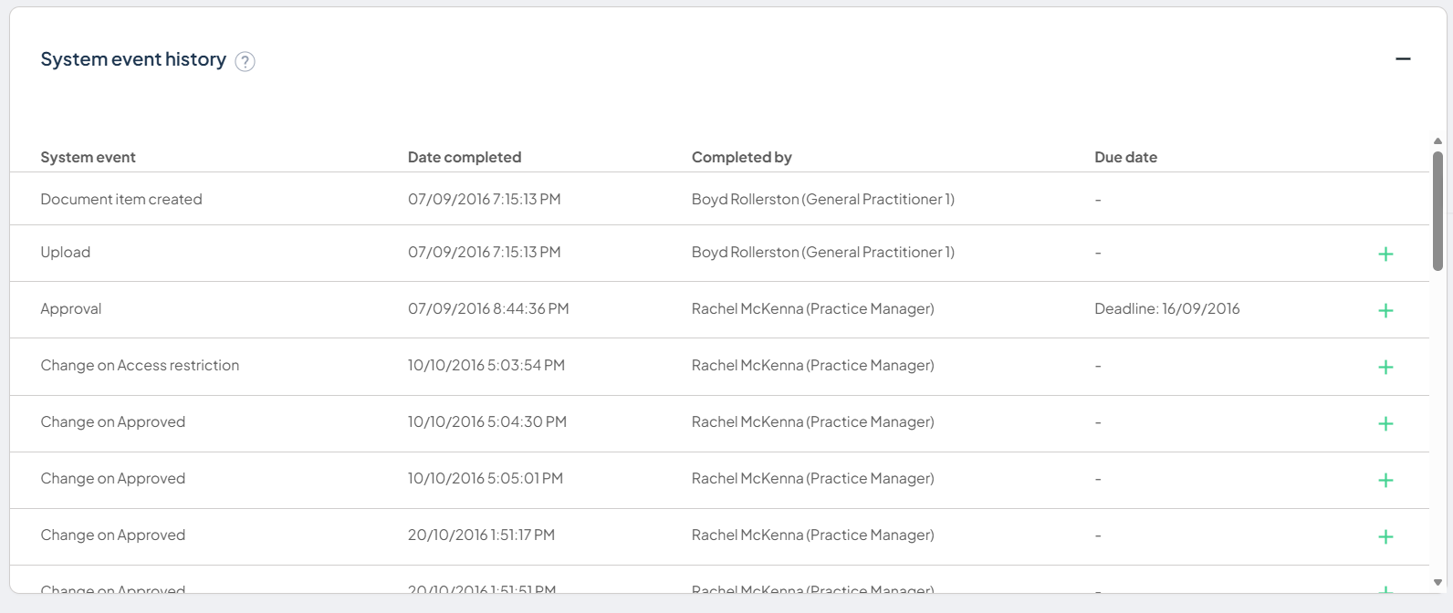 System event history list showing system events, dates, and the + control to expand a line
