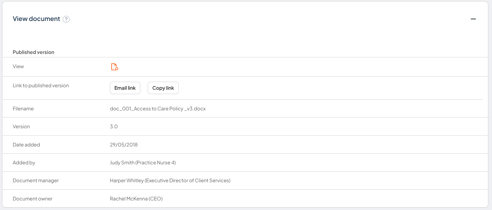 View document component showing the published version details and the Email link button