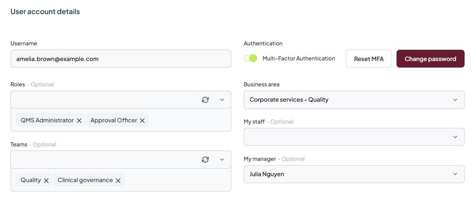 The Authentication section of the User account details section showing the Reset MFA button next to the Multi-Factor Authentication toggle