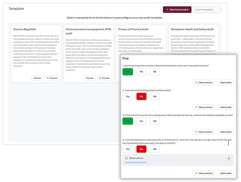 Audit template builder showing Start from scratch and Find a template options