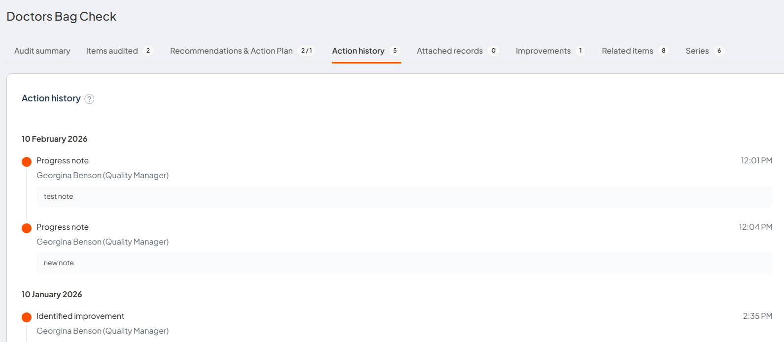 Action history tab showing activity recorded during the audit.