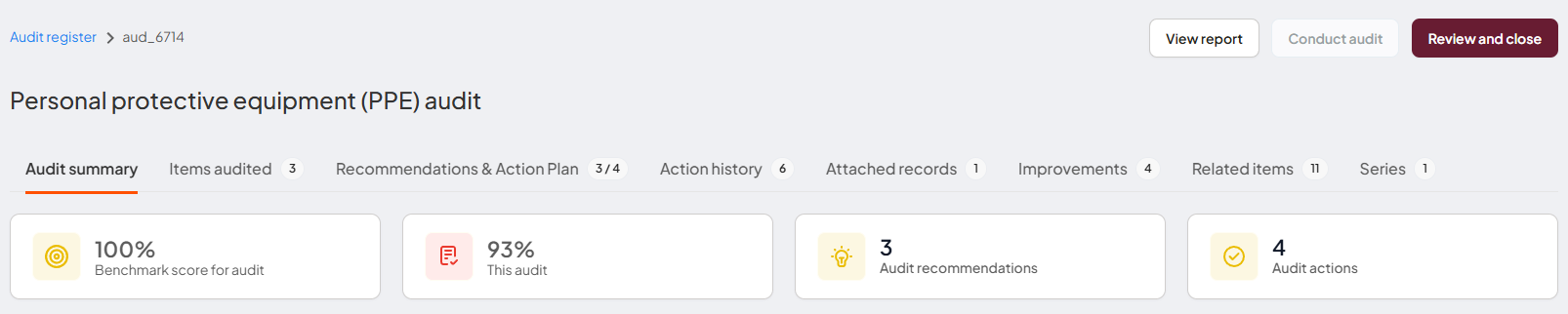 Audit summary page showing the audit details and overall result.