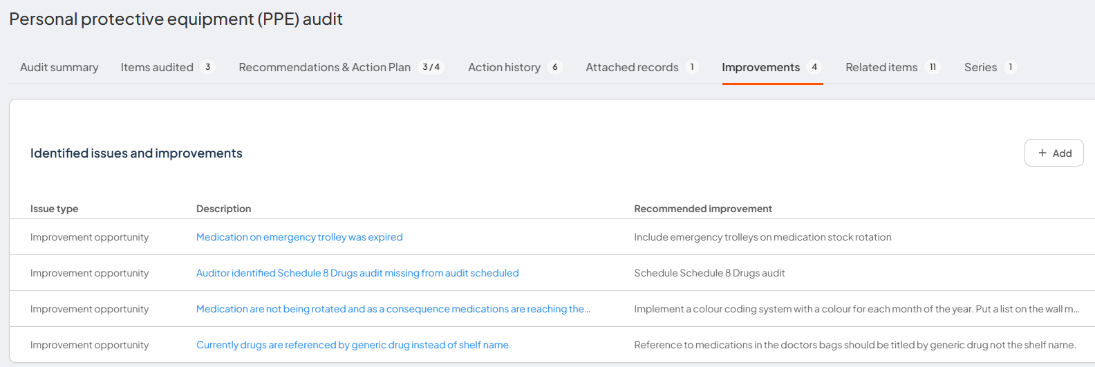 Improvements tab showing identified issues and recommended improvements.