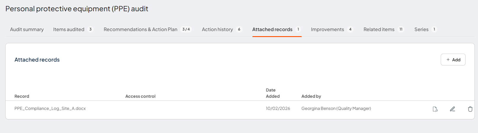 Attached records tab showing files linked to the audit.