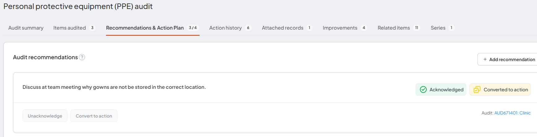 Recommendations and Action Plan tab showing audit recommendations and convert to action options.