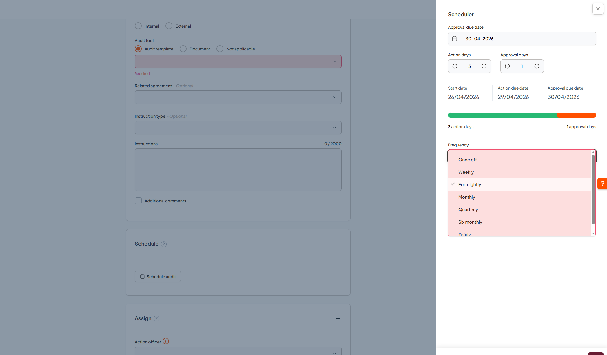 Audit scheduler showing due dates, action and approval days, recurrence, and end settings.