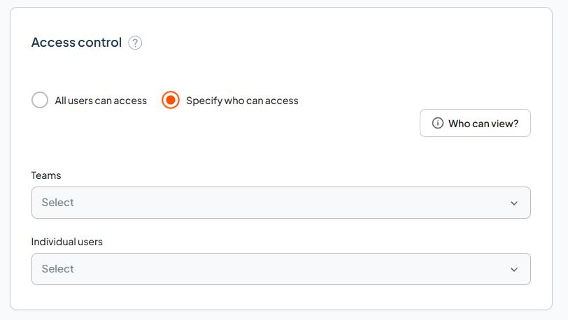Access control section showing options for all users, teams, and individual users.