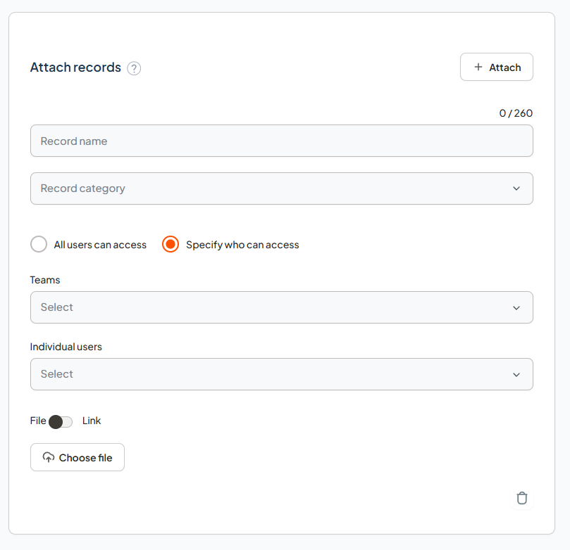 Attach records section showing the controls for adding a file or link.