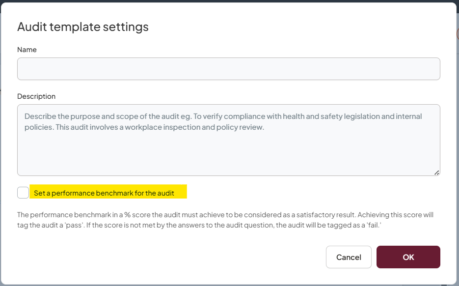 Audit template settings showing the benchmark option