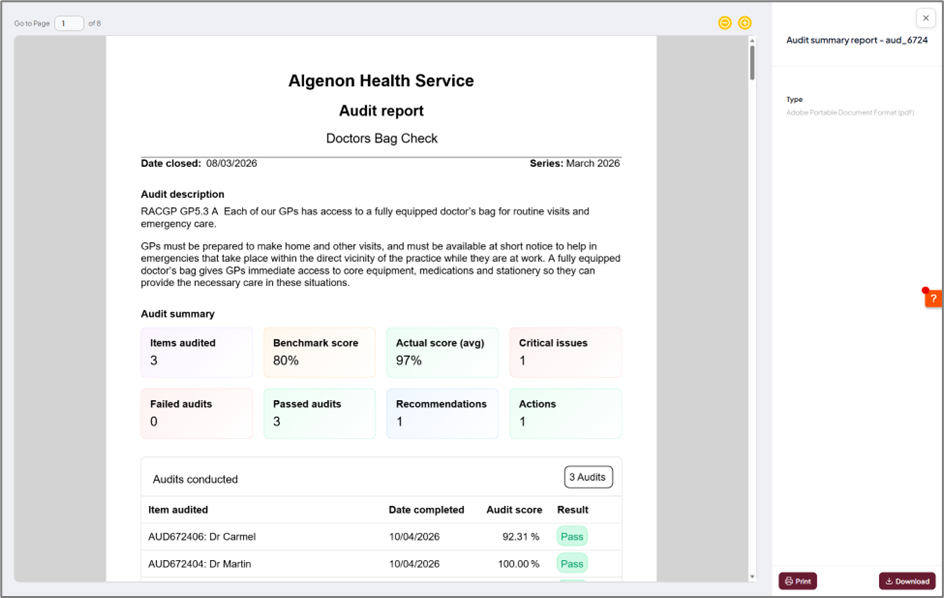 Audit Outcomes Trend Graph showing average audit score against target benchmark