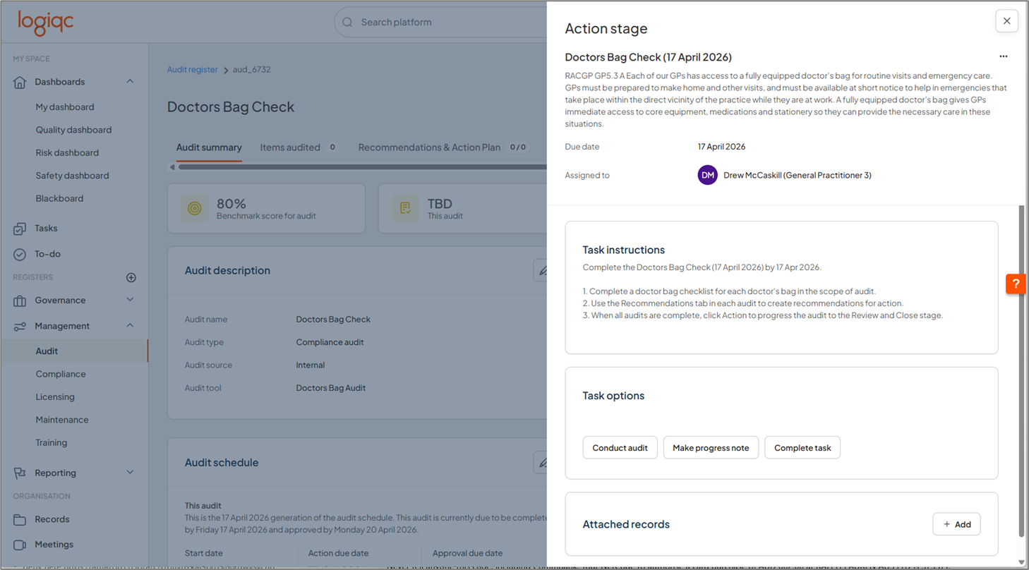 Task drawer showing audit task options during the Action stage