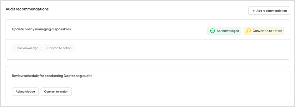 Recommendations and Action Plan tab within the Audit summary page