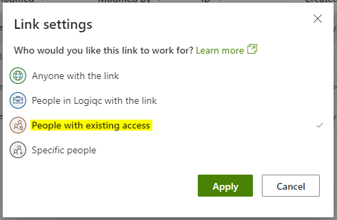 The People with existing access option in the Sharepoint link settings