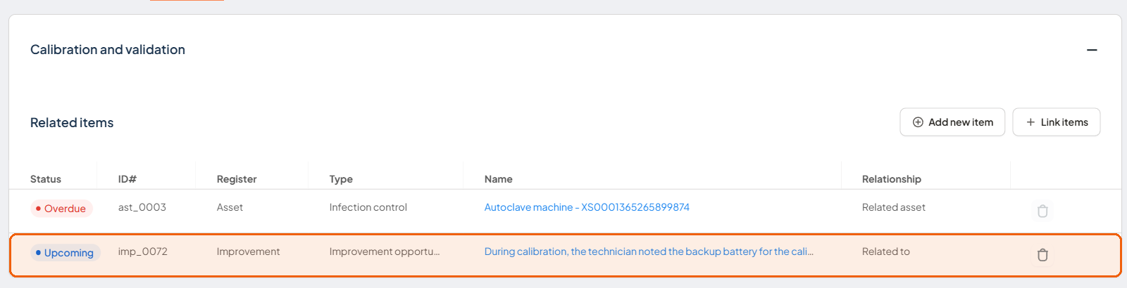 Related items tab on a register item, showing a linked item and its Relationship value