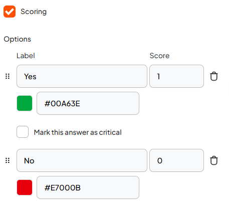 Scoring options showing labels, scores, and colour swatches